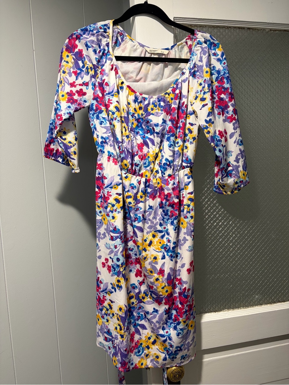 Old Navy White Floral Midi Dress with Pink, Blue & Yellow